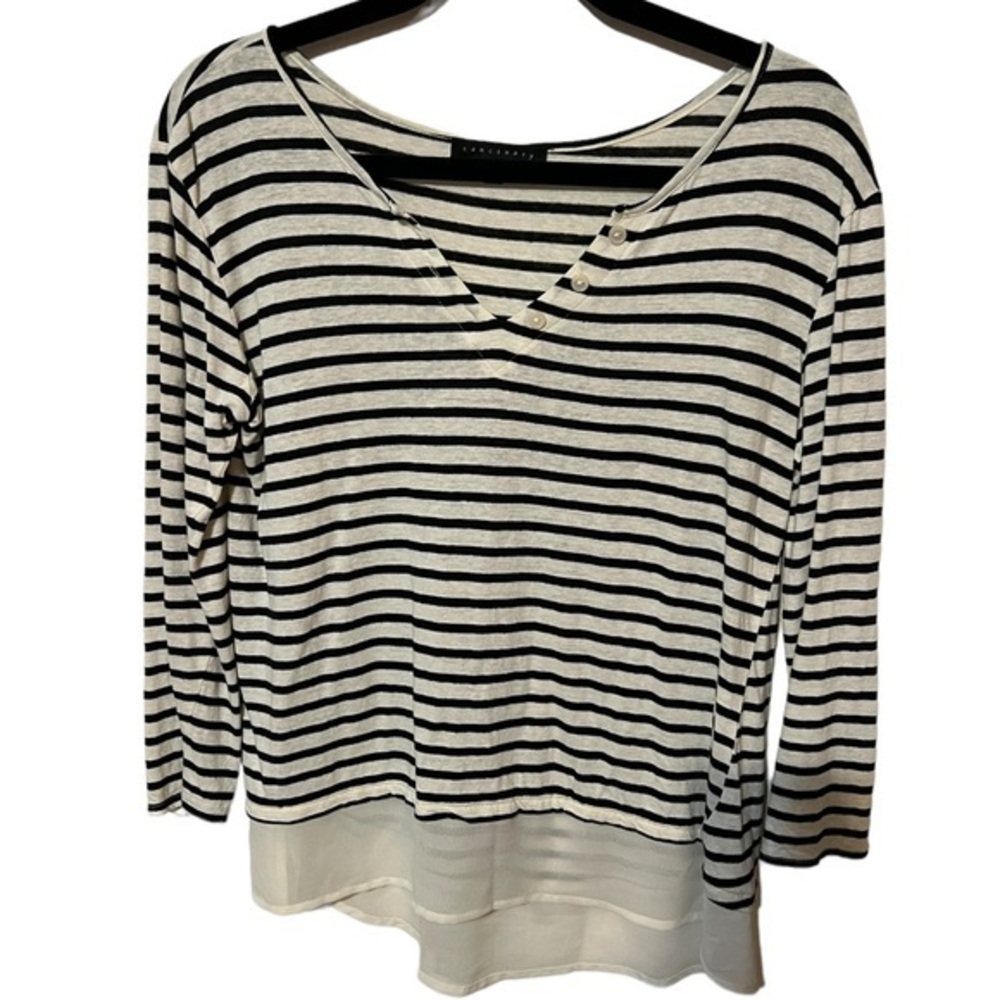 Sanctuary Black and White Stripped Long Sleeve Linen Blend Blouse Size XS